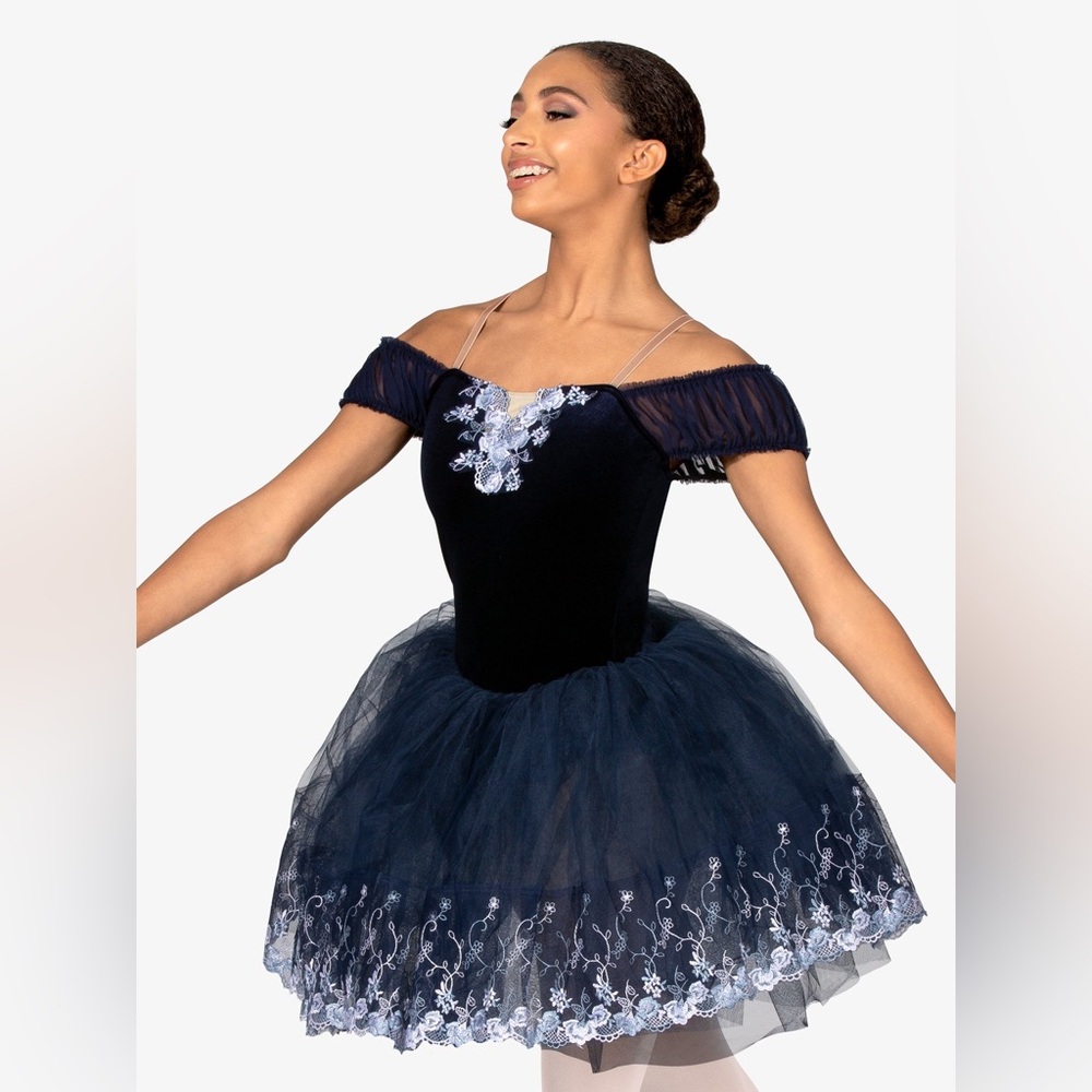 ELISSE Womens Off-the-Shoulder Platter Tutu Ballet Dress in Navy, medium adult